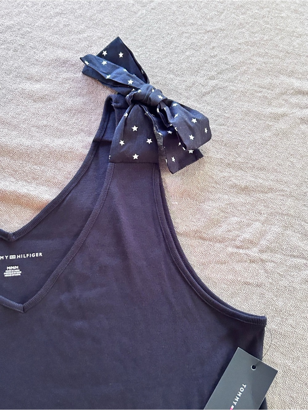 Tommy Hilfiger Tank Top w/ Shoulder White Star Bow V-Neck Navy Cotton Women’s M - Picture 9 of 14